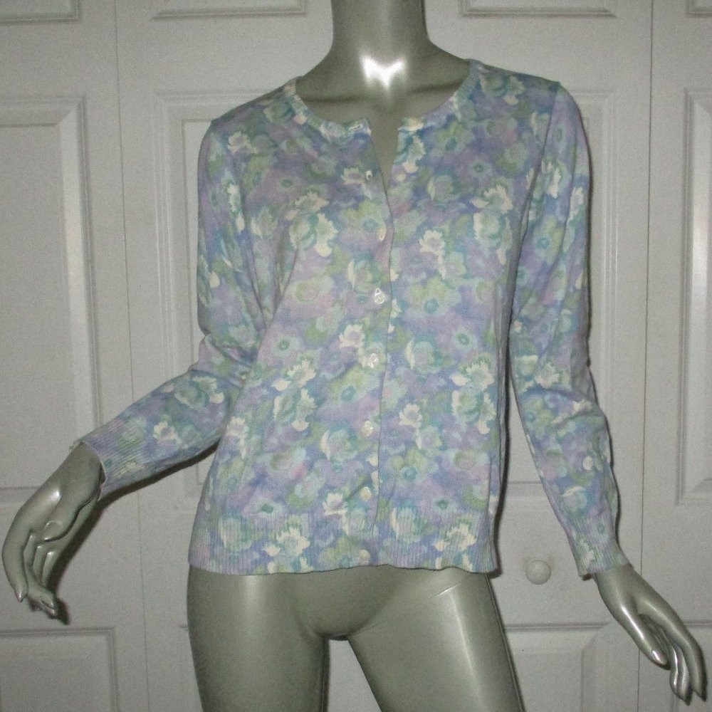 L.L. BEAN Blue & Green Floral Cotton Summer Cardigan